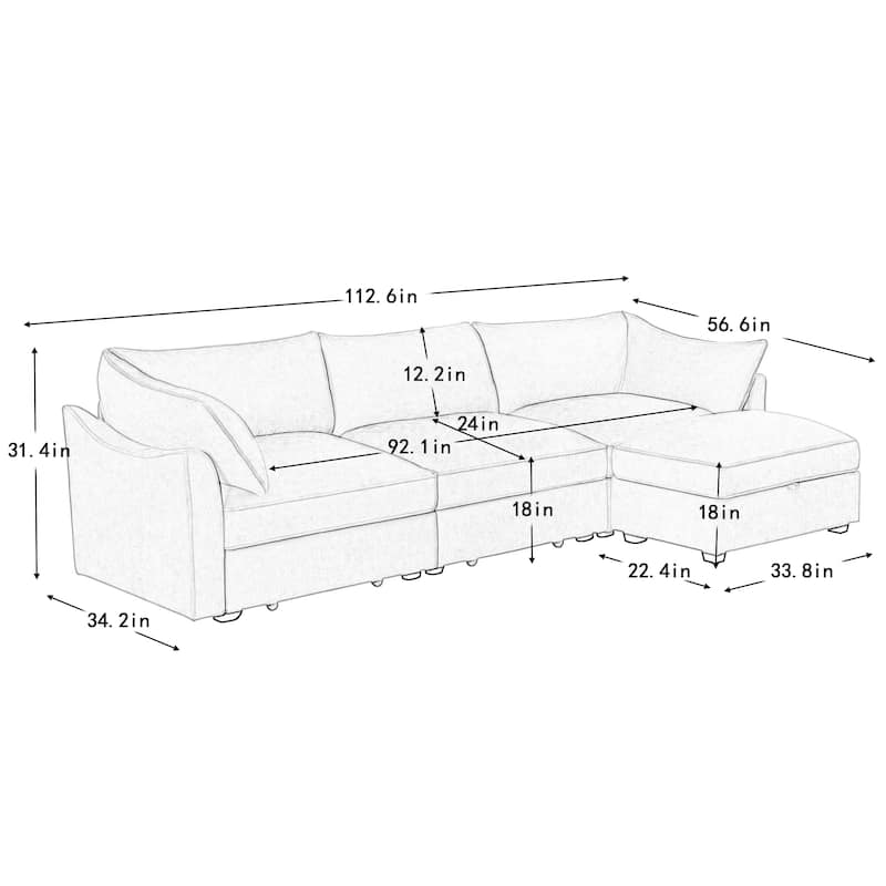 GDFStudio - Chenille L-Shaped 3-Seater 112.6" Sectional Sofa with Ottoman