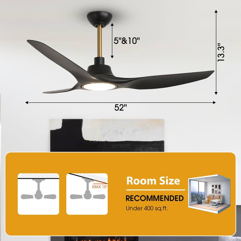 52" Modern Black Dimmable Propeller Smart Ceiling Fan with Light and Remote, App Control, Voice Control