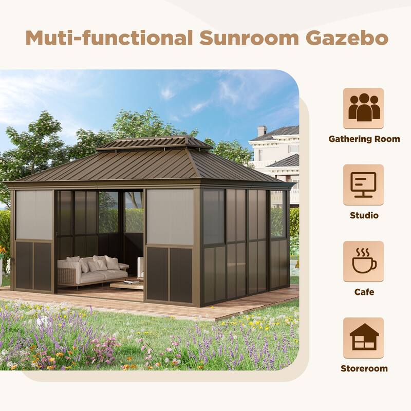 Hardtop Gazebo with Double Steel Roof, Sliding/Lockable Doors & Screens - All-Season Rustproof Aluminum Frame，Advanced Drainage