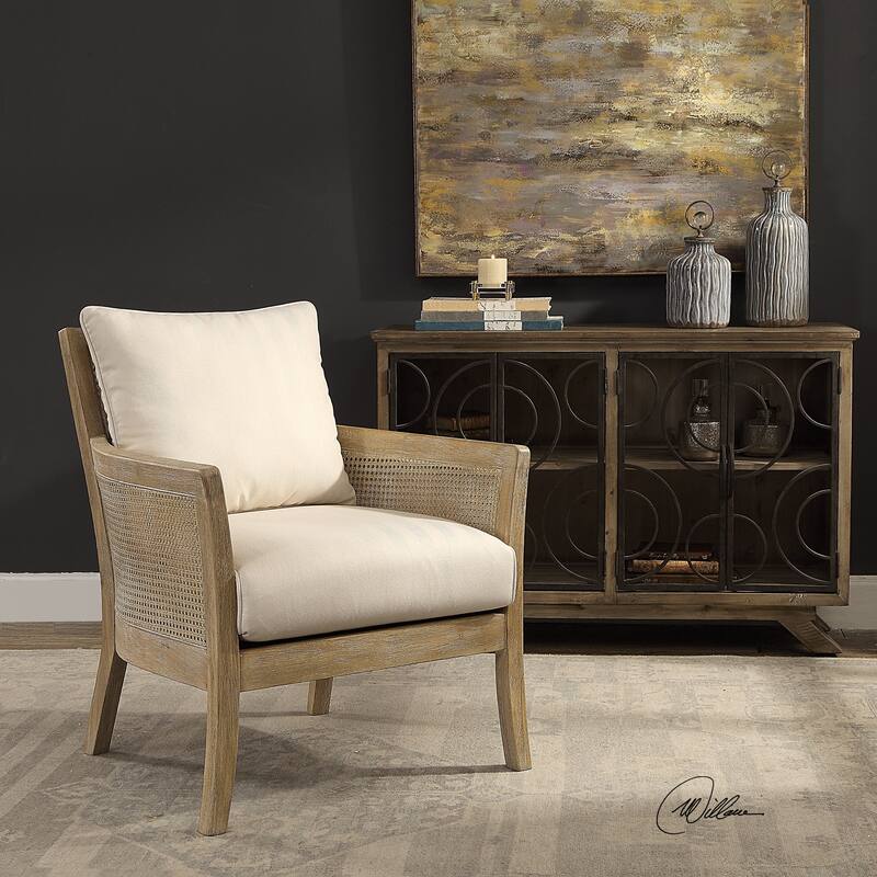 33" Encore Natural Hardwood Armchair Cane Sides Off White Cushions