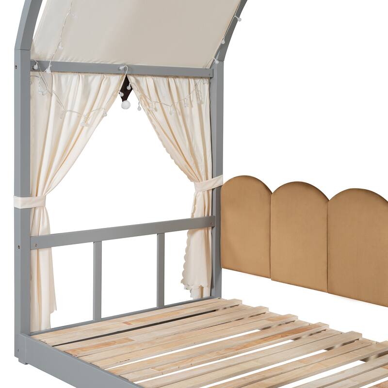 Wood Twin Size Bed Frame with Arched Roof, Floor Bed with Light and Curtain, Pull-out Kids Bed for Girls Boys Bedroom