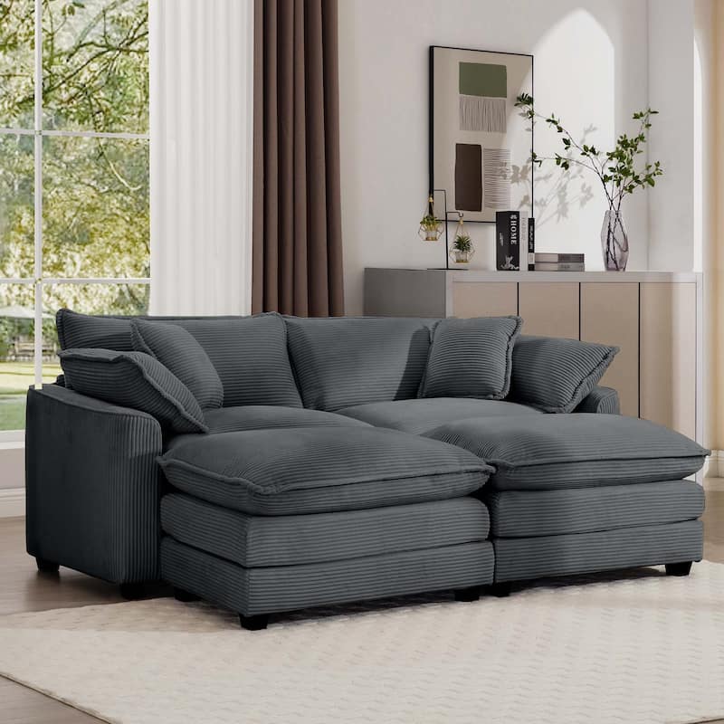 GDFStudio - Fiber Corduroy 2 Seater Sofa with Dual Ottomans Set