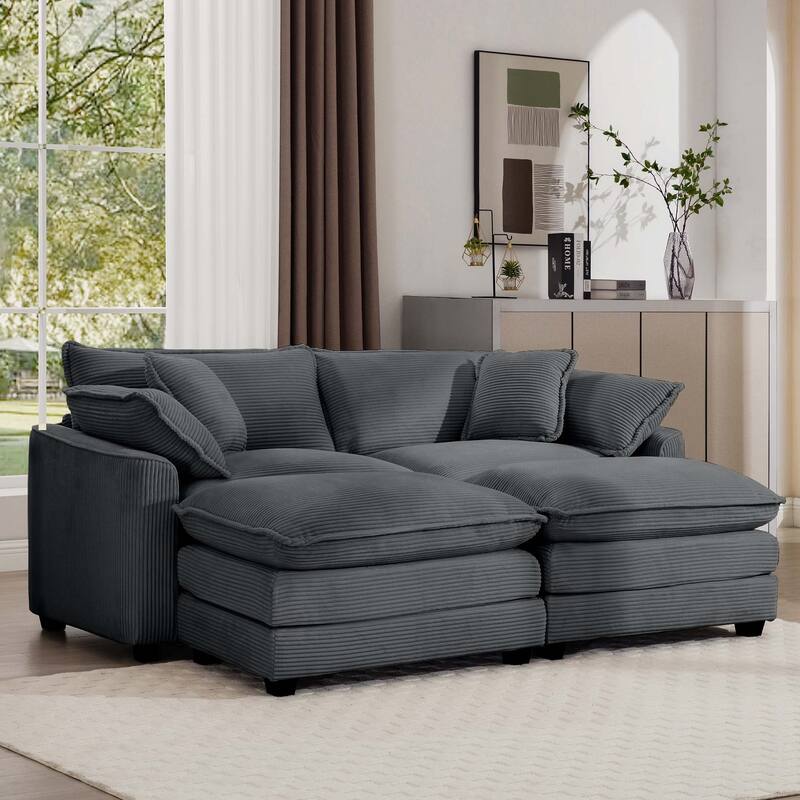 Grey Corduroy Cloud Sleeper Sofa with 2 Ottomans and 4 Pillows