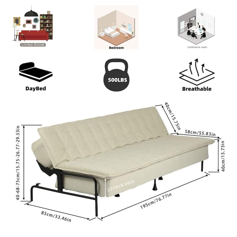 Homy Casa Modern Convertible Sofa Bed, Beige Futon Couch with Metal Frame