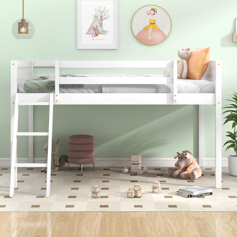 Twin Size Loft Bed with Ladder, Pine Wood Frame, Convertible Ladder Placement, Guardrails, and No Box Spring Required