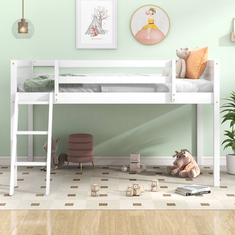 White Twin Size Low Loft Bed with Convertible Ladder, No Box Spring Needed, Easy Assembly