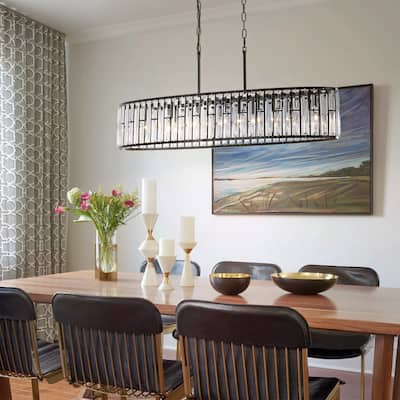 6-Light Modern Vintage Black Crystal Chandelier with Curved Drum Frame, Rectangular Island Pendant Light