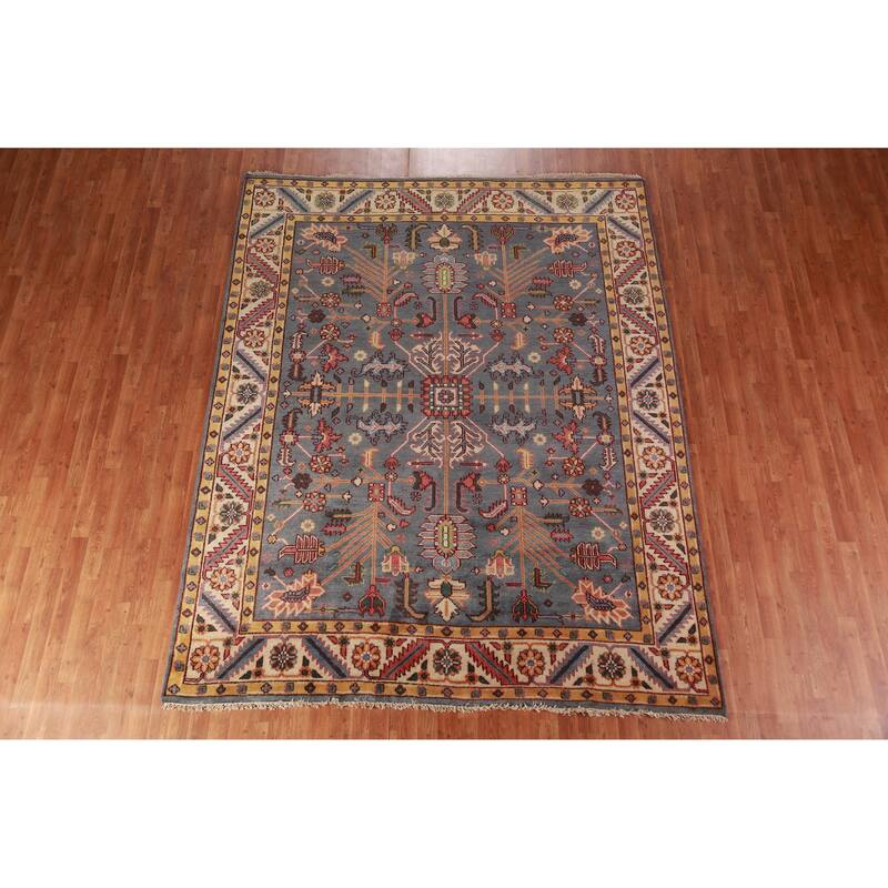 Gray Blue Geometric Oushak Oriental Area Rug Hand-Knotted Wool Carpet - 7'10" x 9'10"
