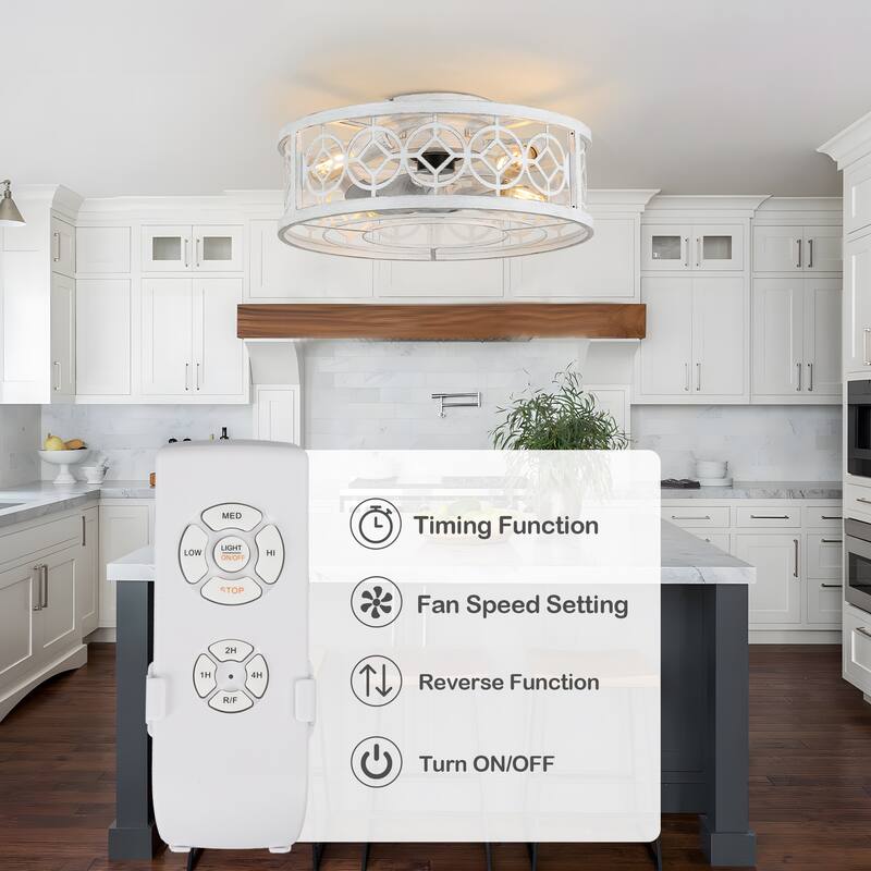 Chichoice 20" Farmhouse Distressed White Caged Ceiling Fan, Rustic Flush Mount Ceiling Fan with Remote for Bedroom - 19.5"*19.5"