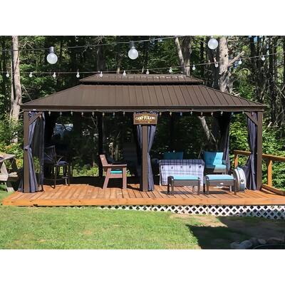 PURPLE LEAF Hardtop Aluminum Gazebo with Curtains and Netting, Double Roof Patio Gazebo