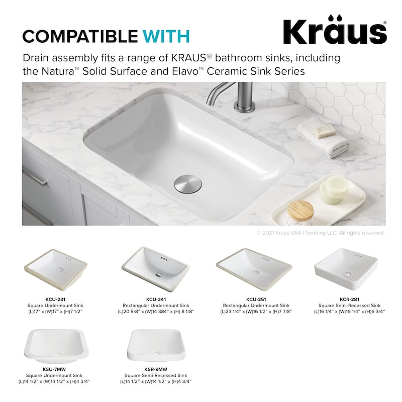 KRAUS Pop-Up Drain w Overflow, Bathroom Sink, Chrome, Nickel