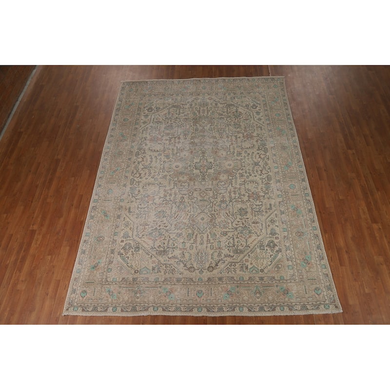 Geometric Beige Tabriz Persian Area Rug Handmade Wool Carpet - 8'0"x 11'0"