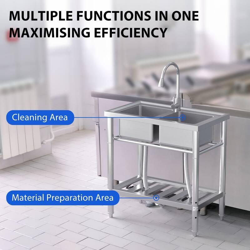 Commercial Kitchen Free Standing Double Bowls Utility Sink - 43 x 25 x 35inch with Faucet
