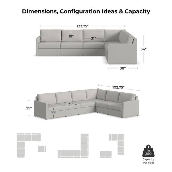 Flex Taupe Fabric 6-Seat Sectional with Narrow Arm - 132" x 35" x 102"