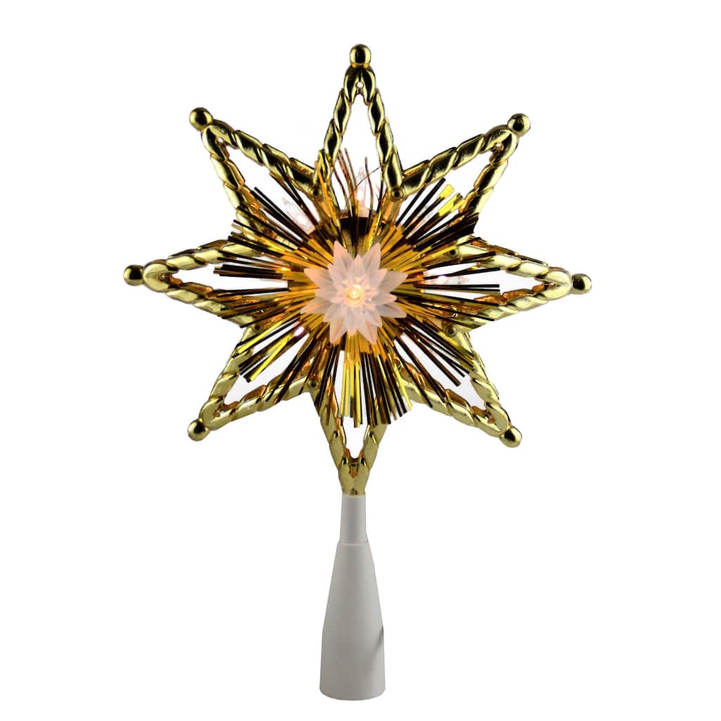 8" Gold Tinsel 8 Point Star Christmas Tree Topper - Clear Lights