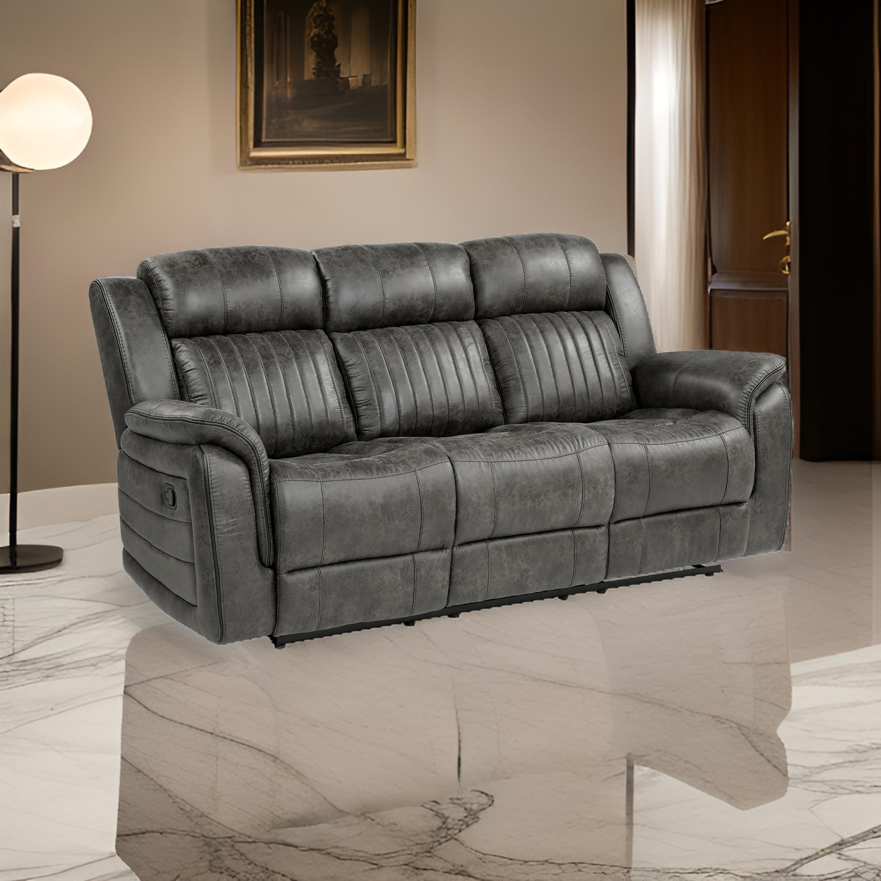 Benjara Bento 84 Inch Dual Manual Recliner Sofa, Brownish Gray Polished Microfiber