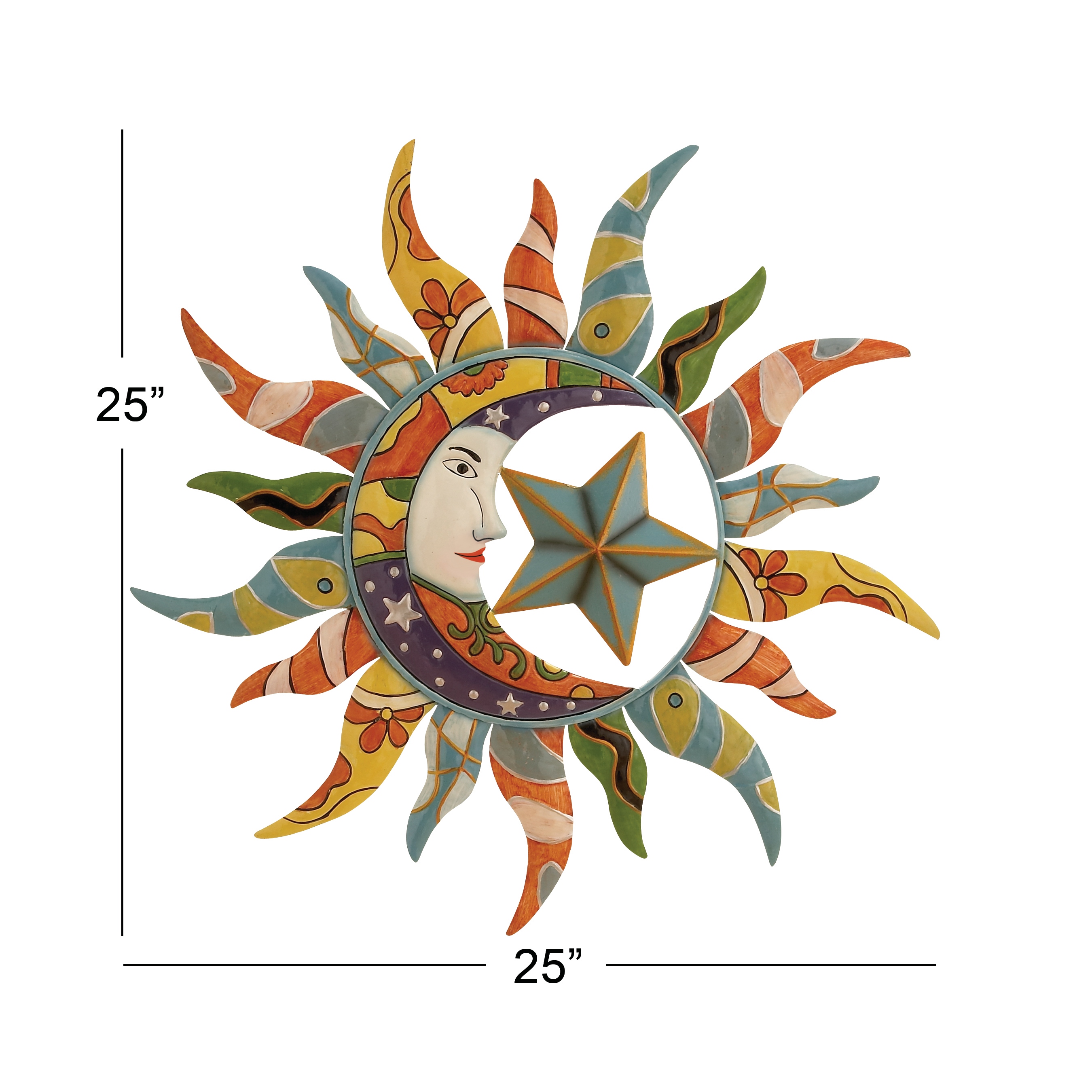 Multi Color Metal Eclectic Whimsical Celestial Sun Art Wall Sculpture