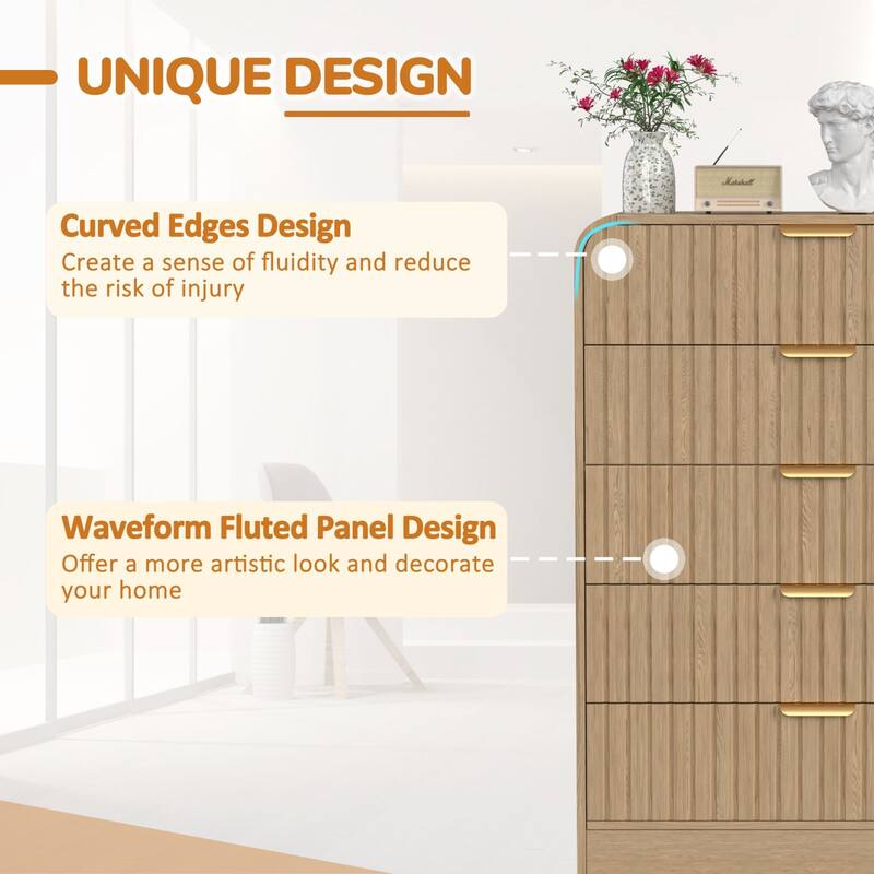 VEIKOUS 5-Drawer Chest of Drawers with Curved Edges & Waveform Fluted Panel Design, Wooden Dresser for Bedroom