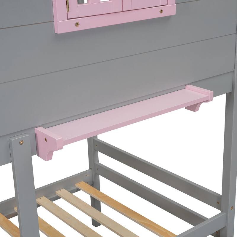 Twin Over Twin Bunk Bed with Storage, Shelf, and Window - Gray