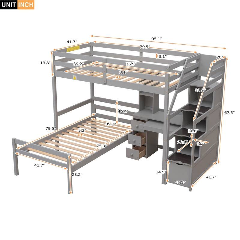 Twin Size Loft Bed with a Stand-alone Bed, Storage Staircase and Desk