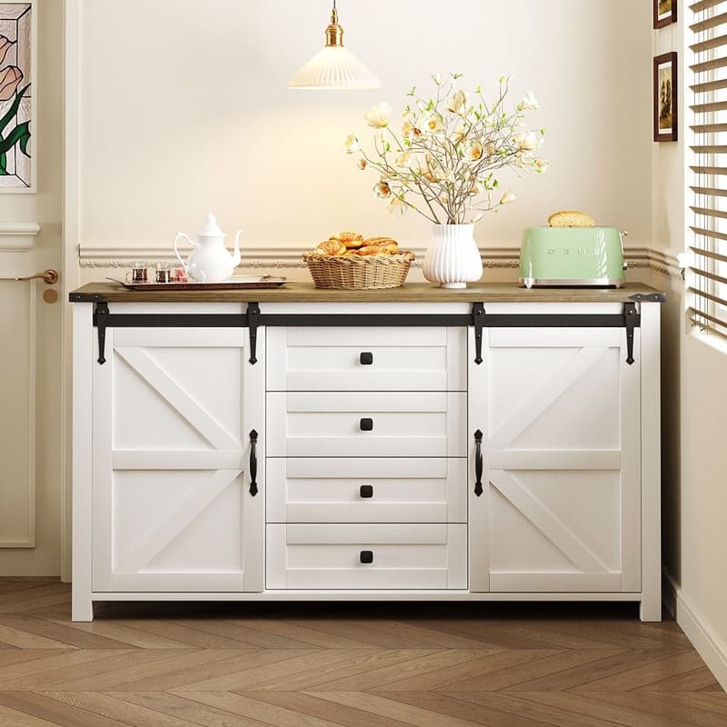 Farmhouse 55.1" Sideboard with Sliding Barn Doors and Storage Drawers, Wood Buffet Table with Power Outlet - White