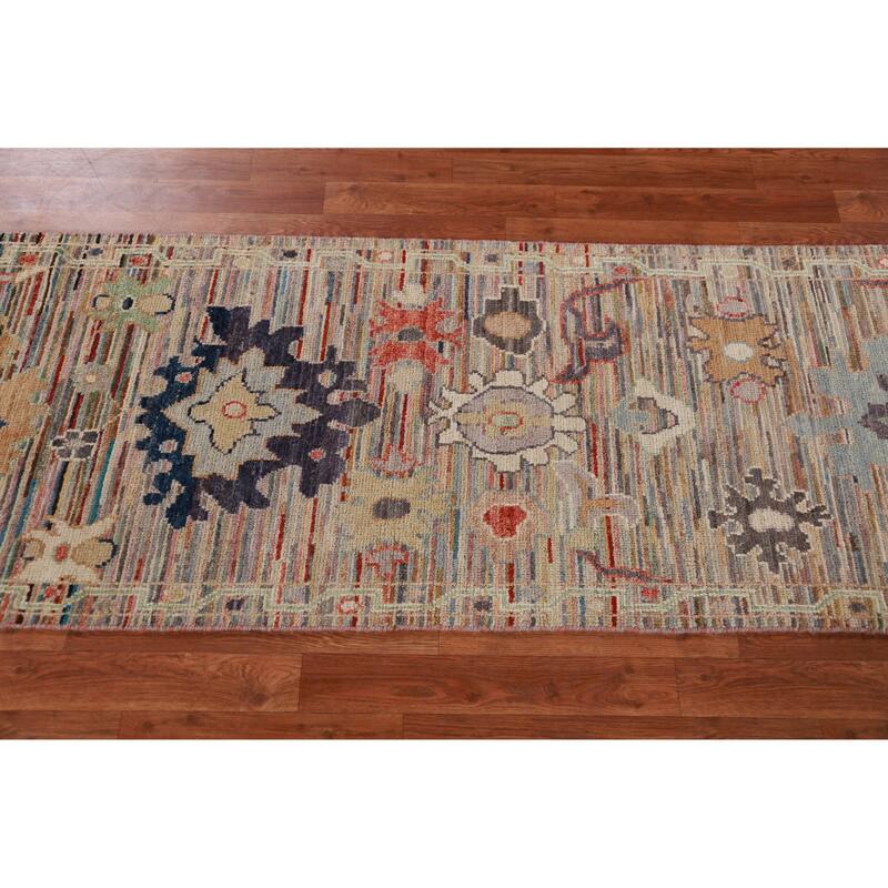 Hand Knotted Oriental 100% Wool Carpet Transitional Floral Multi-Colored Oushak Runner Rug - 9' 3'' X 2' 5''