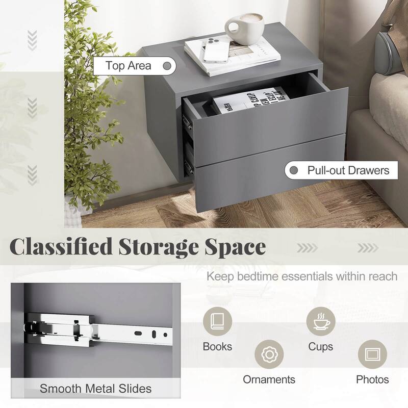 Costway 1/2 PCS Floating Nightstand with Drawer Storage Modern