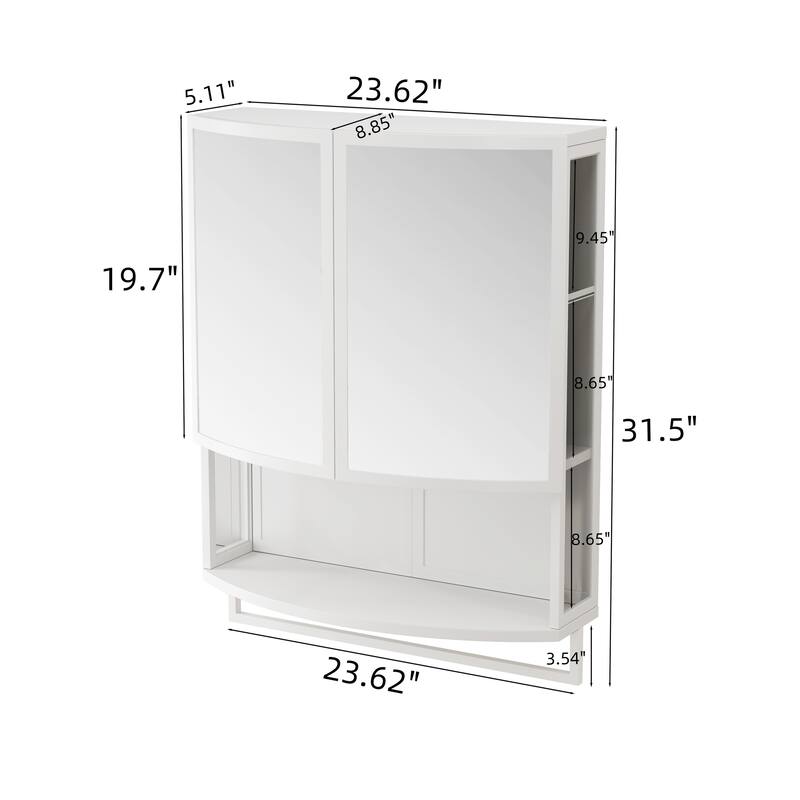Anmytek Modern Arched Glass Double Door Bathroom Cabinet with Shatterproof Mirror Double Layer Storage Open Shelf Towel Rack