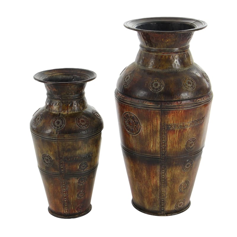 Metal Indoor Outdoor Large Vase with Floral Relief - Set of 2 Brown - Roche River Decor - 12"W x 12"L x 29"H