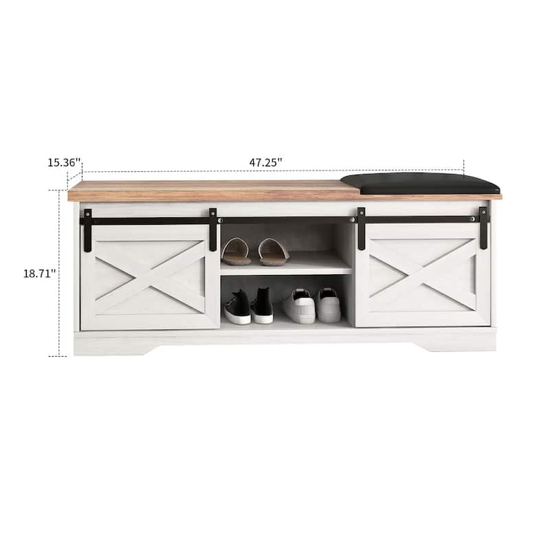 Vintage Farmhouse Style Wooden Storage Bench with Sliding Doors