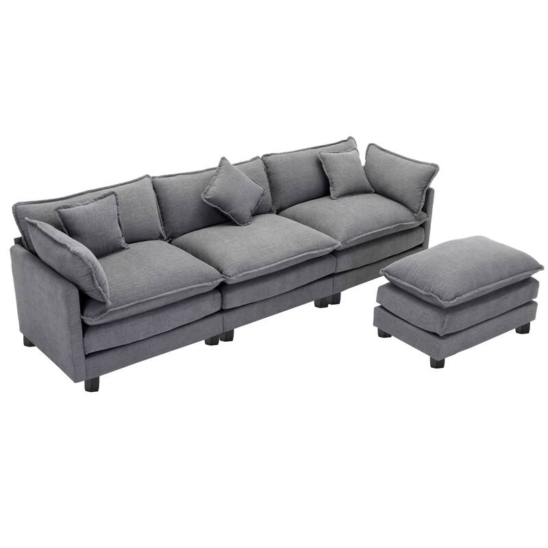Grey 112.2" Modern L-Shaped 4 Seater Sectional Sofa with Removable Ottoman, 5 Plush Pillows, and Sturdy Frame
