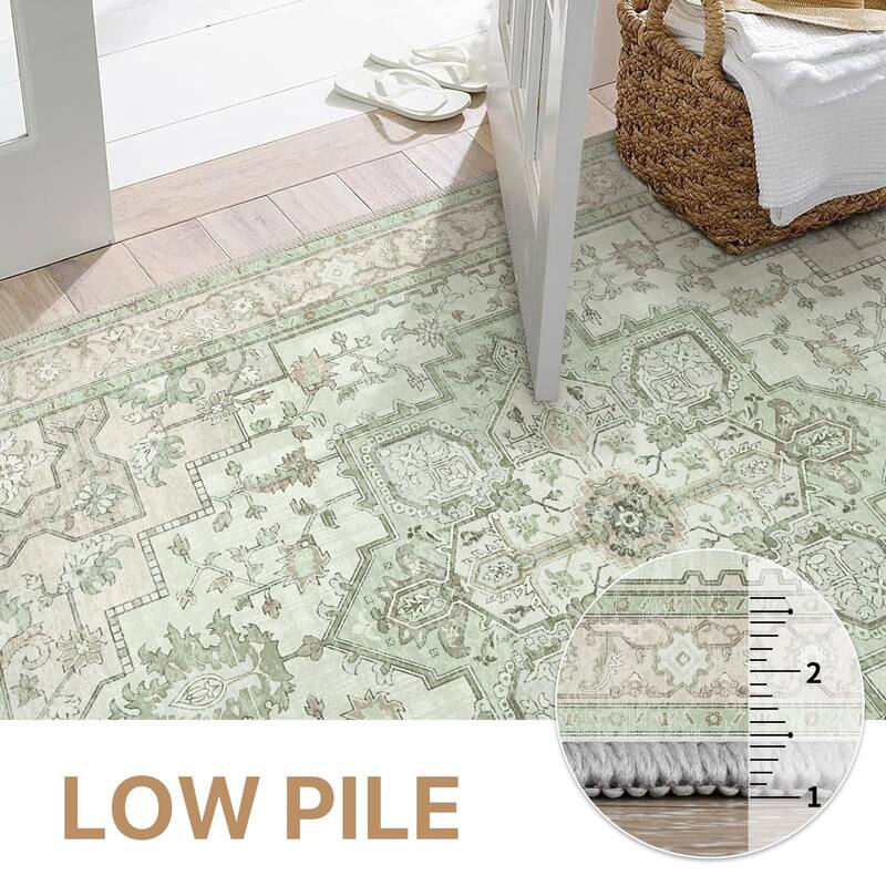 Mcow Green Floral Faded Low Pile Machine Washable Non-Slip Area Rug - 2'X6'