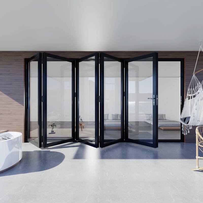 KaMic 168"×96" 5 Panels Aluminum Folding Door In Black,Folded Out From Right To Left Model #:FD5PBK16896-RL