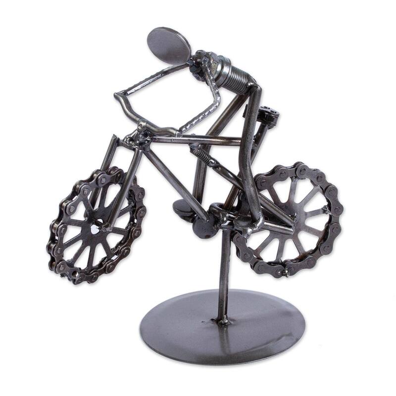 Novica Handmade Boy On A Bike Upcycled Metal Auto Part Sculpture