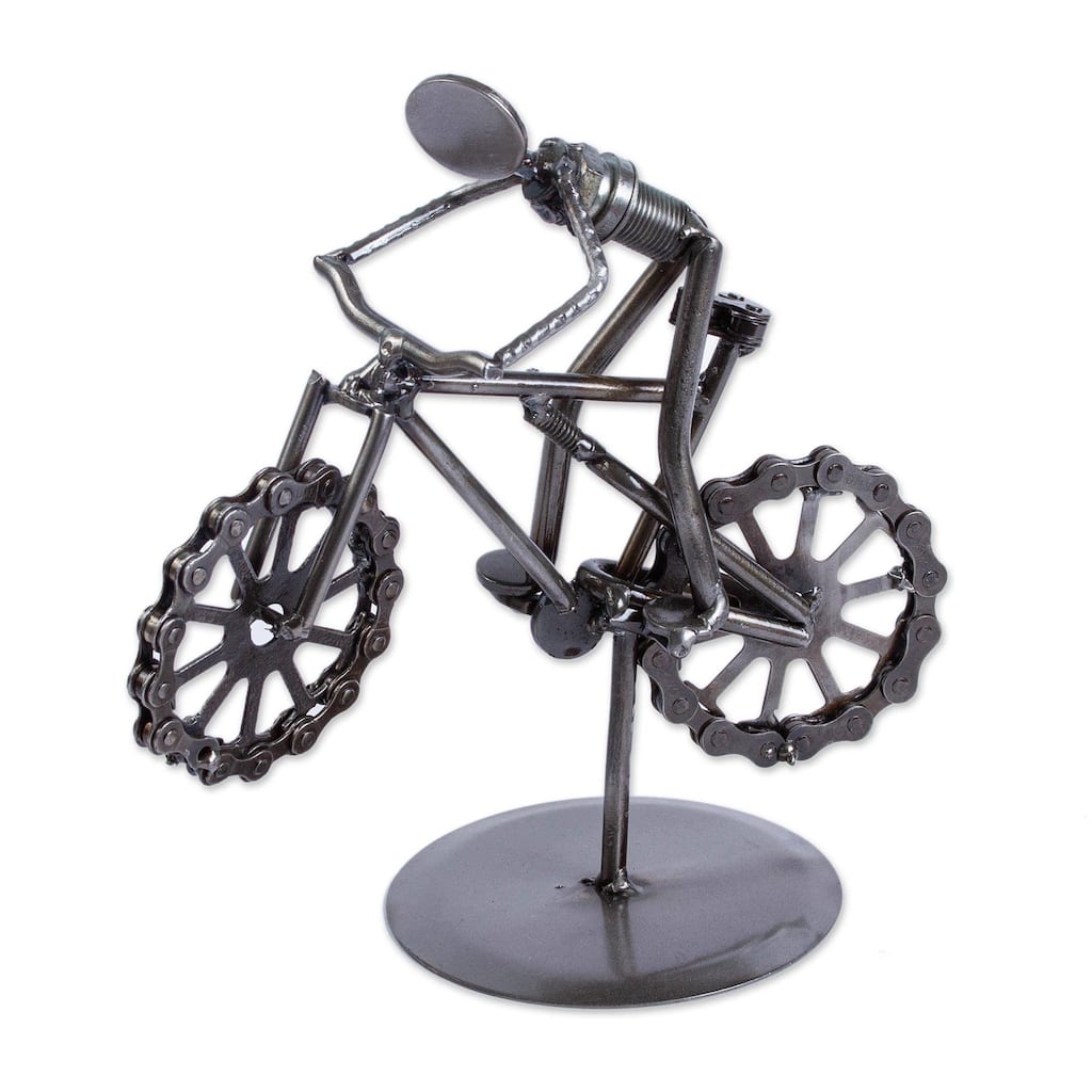 Novica Handmade Boy On A Bike Upcycled Metal Auto Part Sculpture