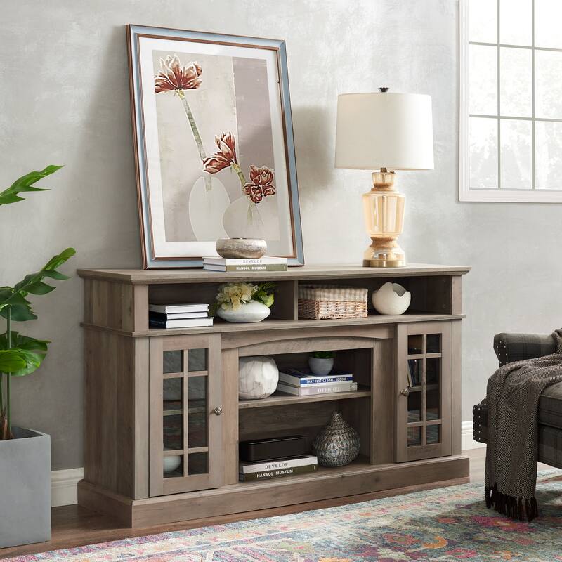 Modern 58" Entertainment Console for 65" TVs, Gray Wash Media Stand with Cable Management & Storage Shelves