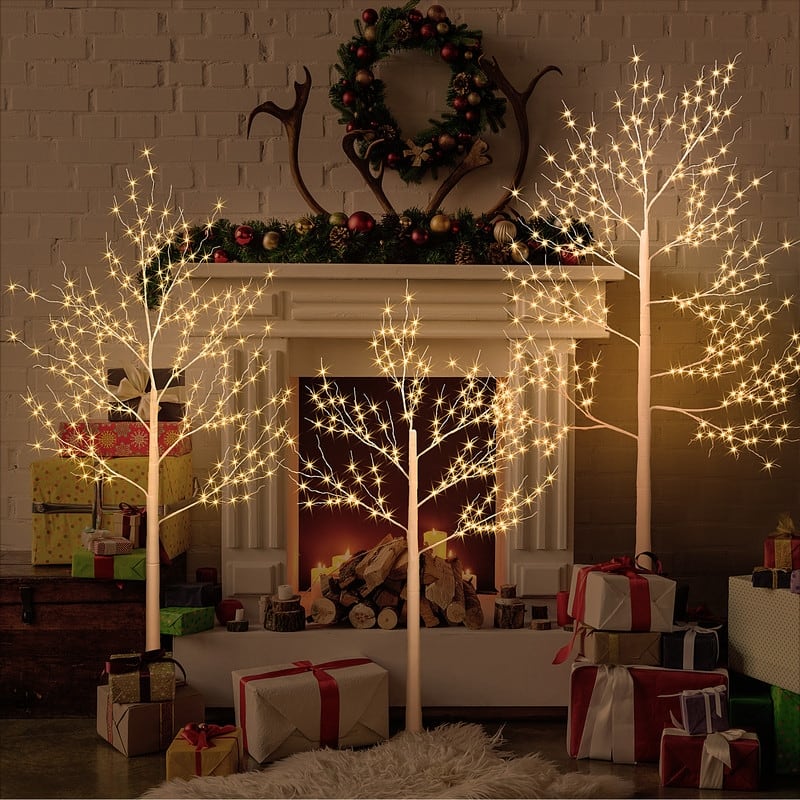3-Piece Brich Tree Light Tree 4FT & 5FT & 6FT, Lighted Christmas Tree, Artificial Xmas Tree for Decoration Inside & Outside