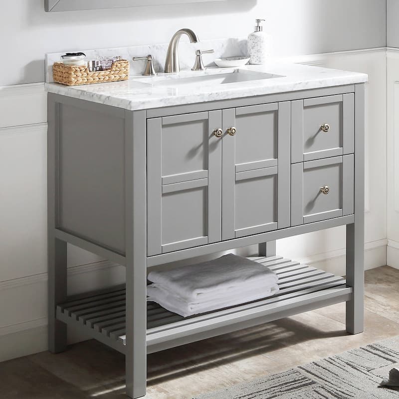 BATHLET Grey 36 inches Bathroom Vanity with Marble Top and Open Shelf
