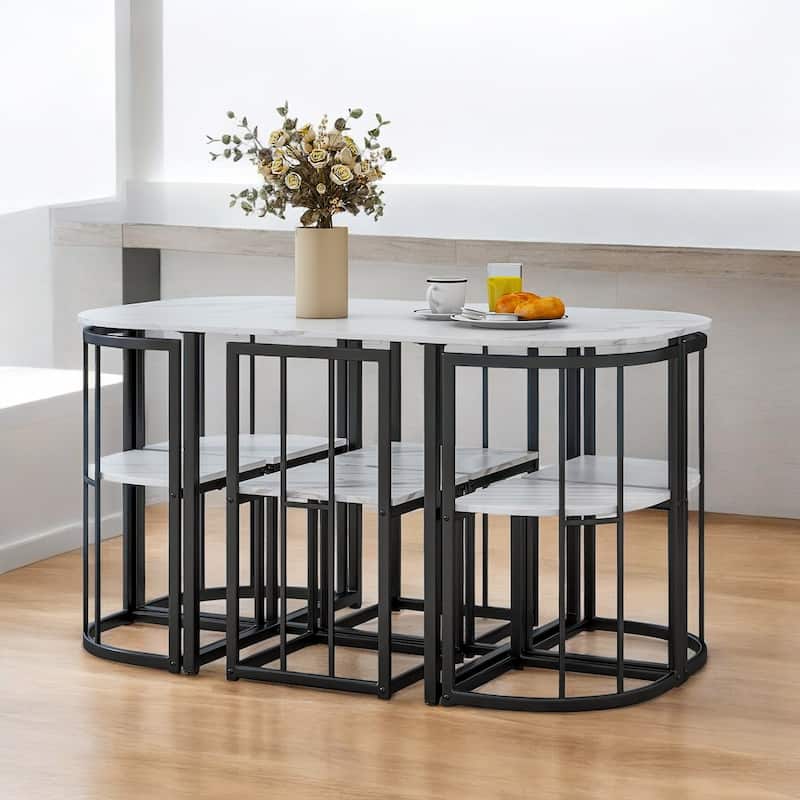 Modern 7-Piece Dining Set with Faux Marble 55" Compact Table and 6 Triangular Chairs for Small Spaces and Dining Room