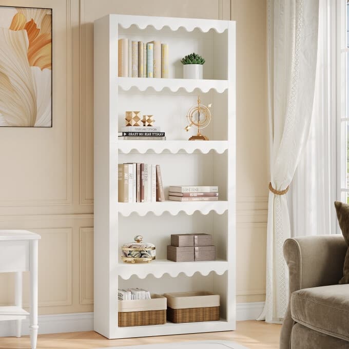 5-Tier White Bookcase, Wooden Tall Bookshelf for Living Room