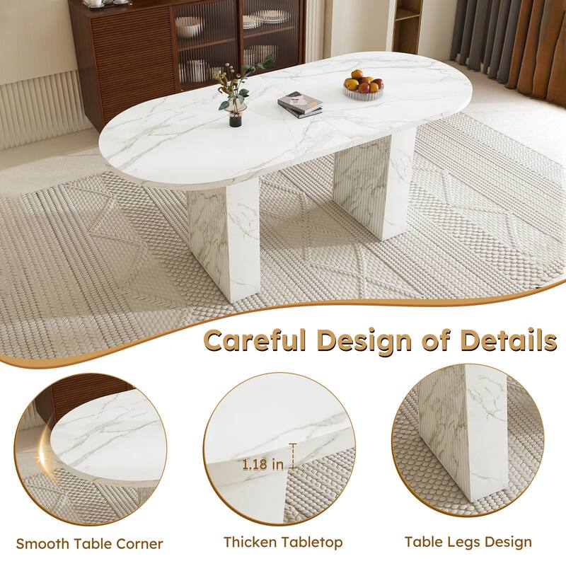 62.9 Inch Oval Dining Table for 6, Marble Top Kitchen Table with Wood Strip Base, Modern Farmhouse Dining Room Table