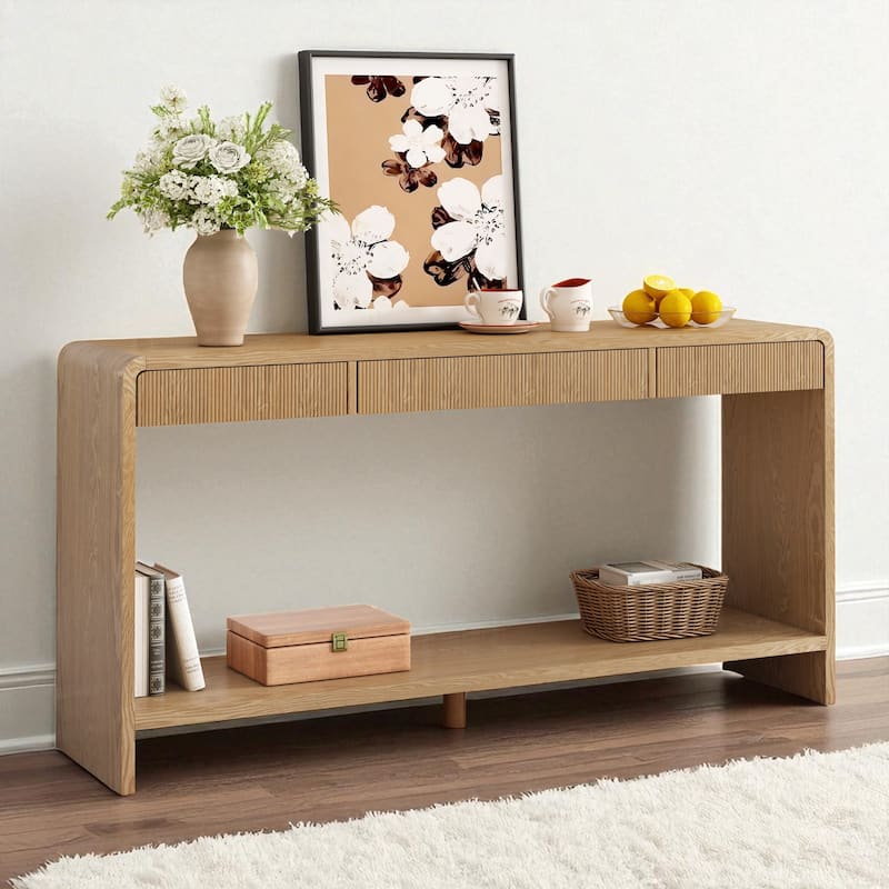 Modern 3-Drawer Console Table with Vertical Slat Design, Rounded Edge Entryway Storage Table with Shelf