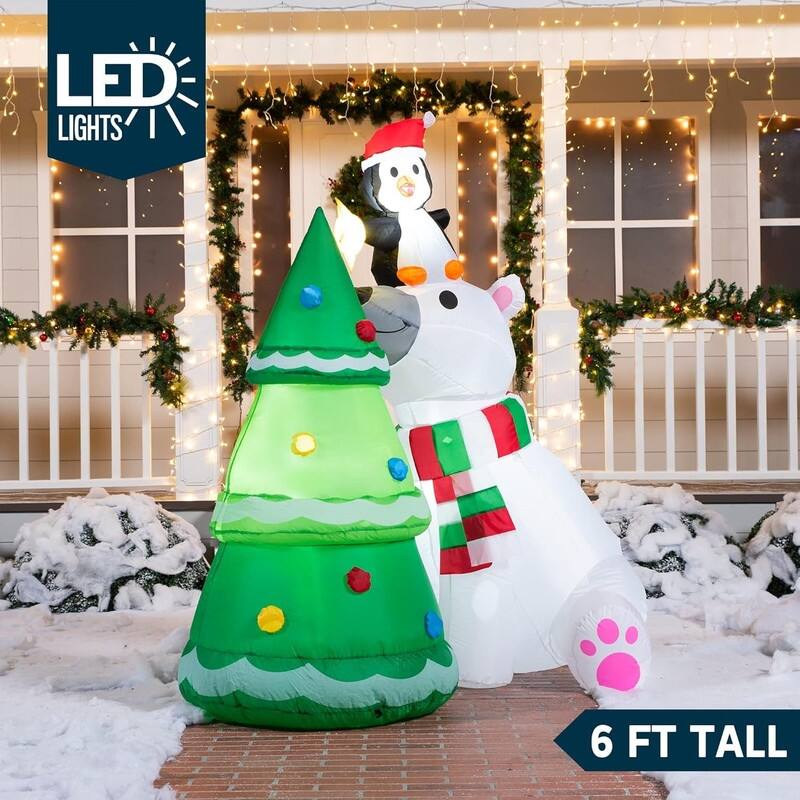 6 ft Christmas Polar Bear Inflatable Decoration, with Penguin & Xmas Tree w/ Built-in LEDs Blow Up Inflatables