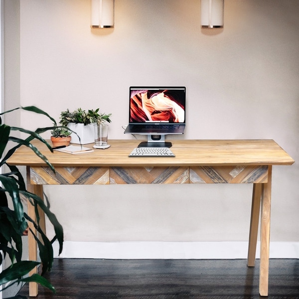 Recycled Teak Wood Brux Art Deco Writing Desk with 3 Drawers Bed