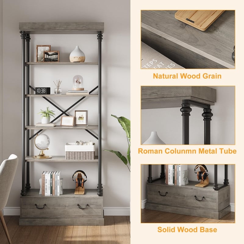 5-Tier Rustic Bookshelf with Metal Frame & Storage Drawer Open Bookcase