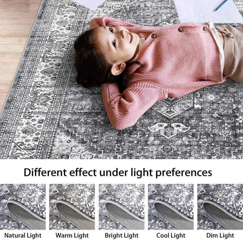 Washable Rug Vintage Medallion Area Rugs for Living Room Bedroom, Non-Skid Low Pile Floral Rug Soft Foldable Rug