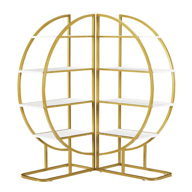 Roomfitters 4-Tier Round Bookshelf for Home Office, Open Shelf with Gold Frame and MDF Board, Multiple Placements, Golden+White