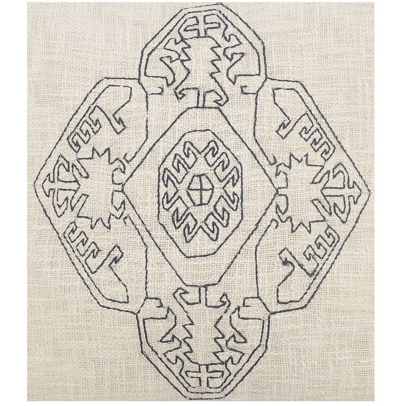 20" Blue and Off White Embroidered Damask Medallion Square Throw Pillow