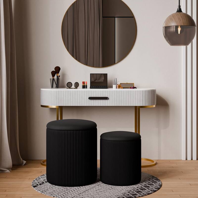 BOSSIN Round Ottoman with Storage Set of 2, Velvet Vanity Stool, Pouf Ottoman Foot Rest