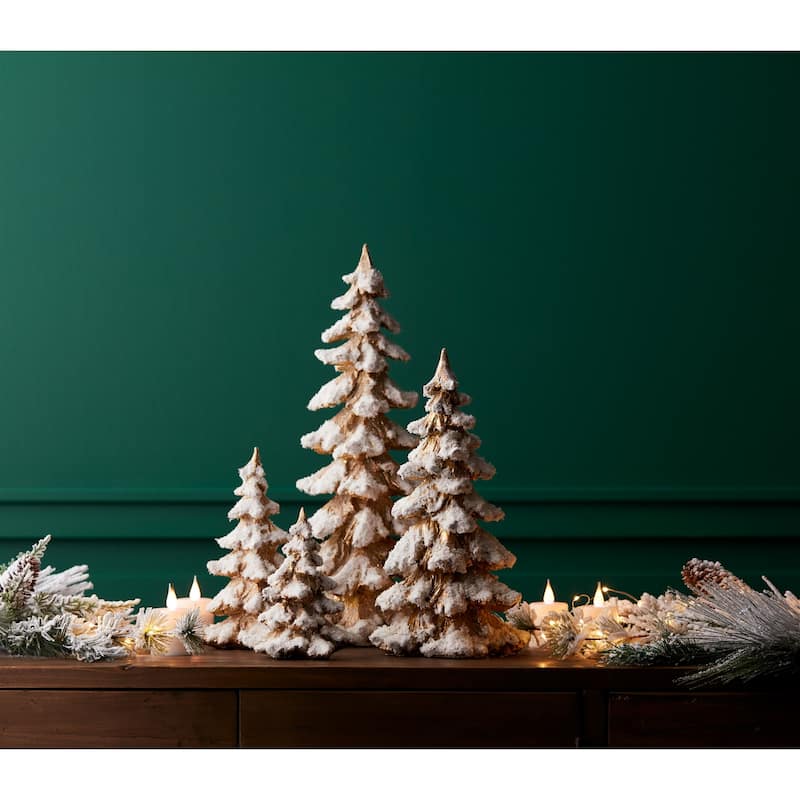 Green Flocked Pine Tree Decor (Set of 4) - N/A